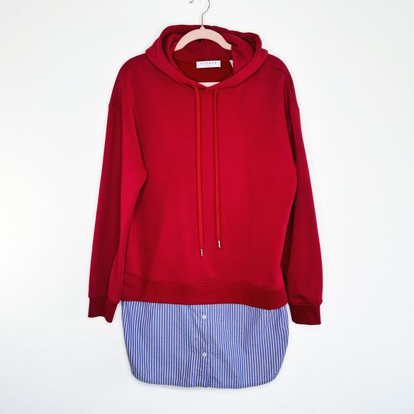 Sandro Two in One Red Blue Twofer Hooded Sweatshirt Tunic Hoodie Top 4 Small - Picture 2 of 16